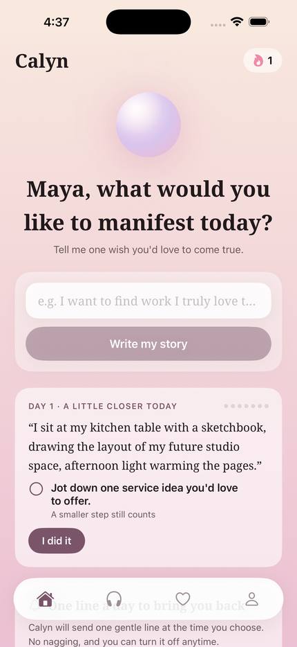 Home screen asking what you would like to manifest today