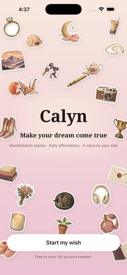 Calyn's opening screen: a collage of stickers around the word Calyn